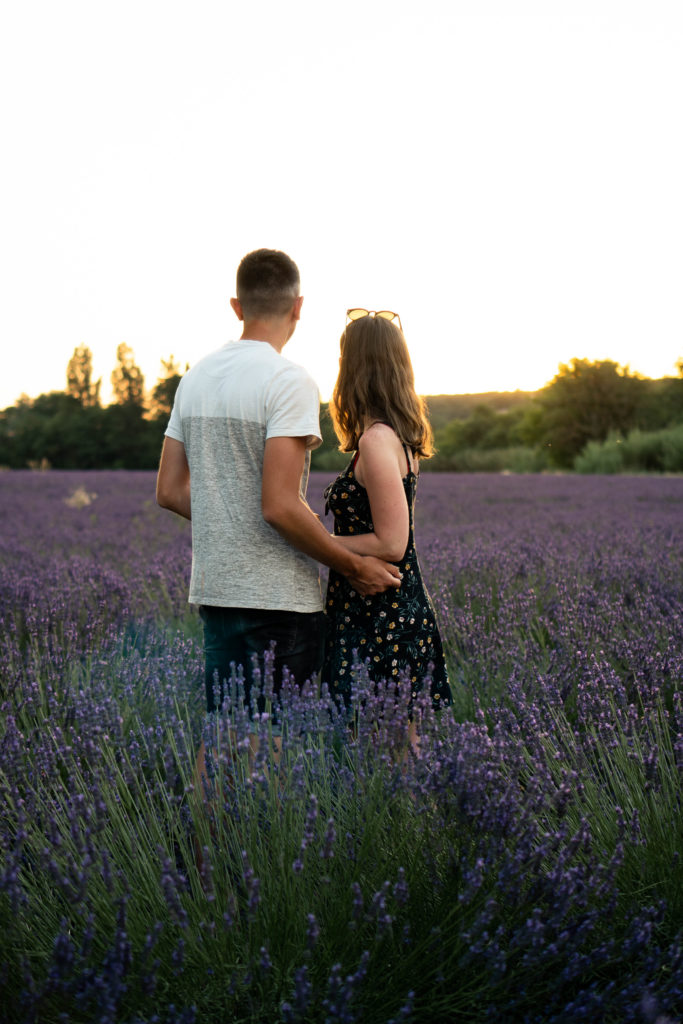 Séance photo de couple dans les champs de lavande en Drôme Provençale